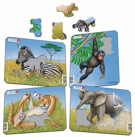 Пазл - Лев, слон, обезьяна или зебра, 4 вида 